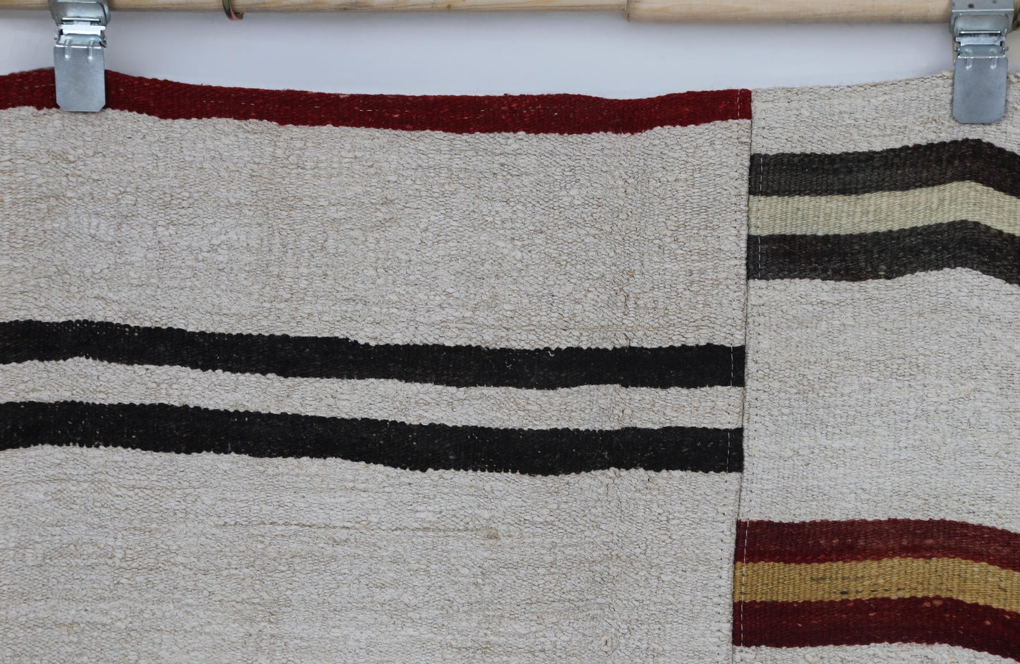 9x12 Vintage Turkish Hemp Rug, Handmade White Striped Flatweave Area Rug, Large Minimalist Wool Hemp Carpet