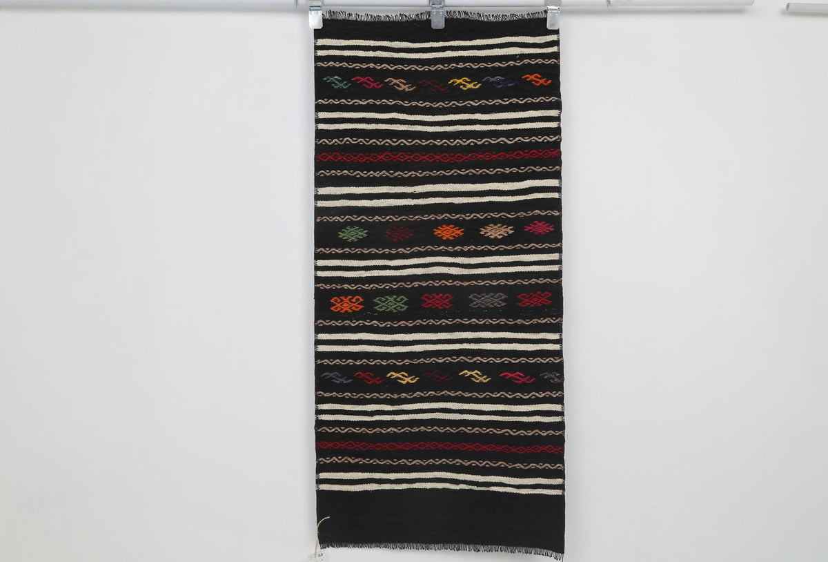 2x4 Vintage Turkish Kilim Doormat, Black Striped Wool Runner Rug, Handmade Entryway Accent Rug