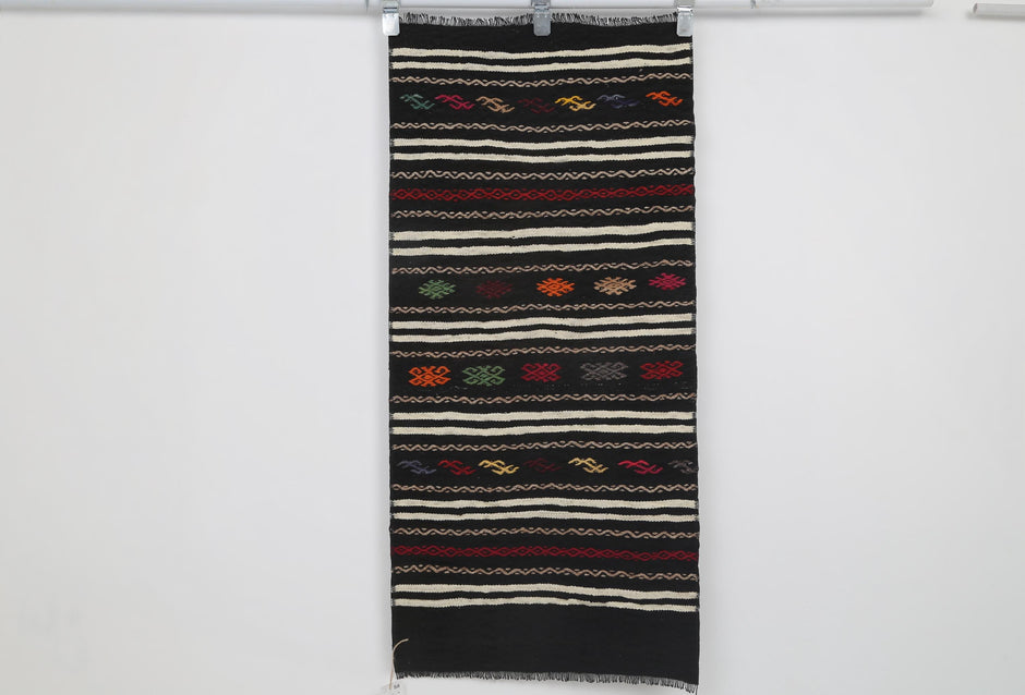 2x4 Vintage Turkish Kilim Doormat, Black Striped Wool Runner Rug, Handmade Entryway Accent Rug