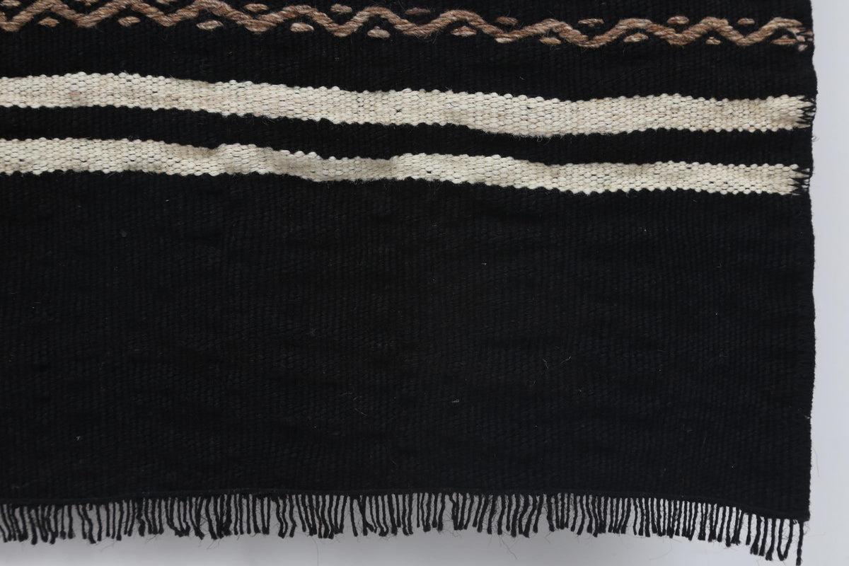 2x4 Vintage Turkish Kilim Doormat, Black Striped Wool Runner Rug, Handmade Entryway Accent Rug