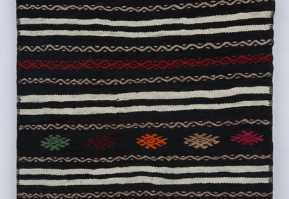 2x4 Vintage Turkish Kilim Doormat, Black Striped Wool Runner Rug, Handmade Entryway Accent Rug