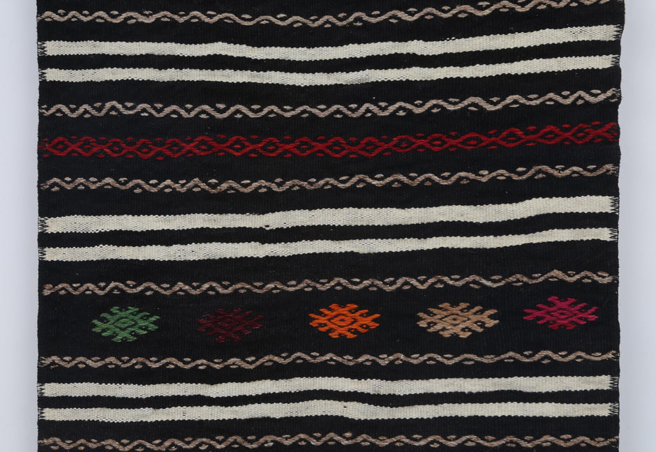2x4 Vintage Turkish Kilim Doormat, Black Striped Wool Runner Rug, Handmade Entryway Accent Rug