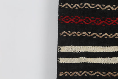 2x4 Vintage Turkish Kilim Doormat, Black Striped Wool Runner Rug, Handmade Entryway Accent Rug