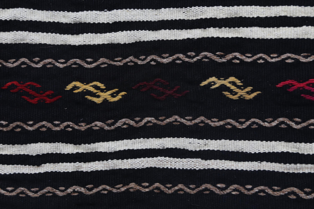 2x4 Vintage Turkish Kilim Doormat, Black Striped Wool Runner Rug, Handmade Entryway Accent Rug