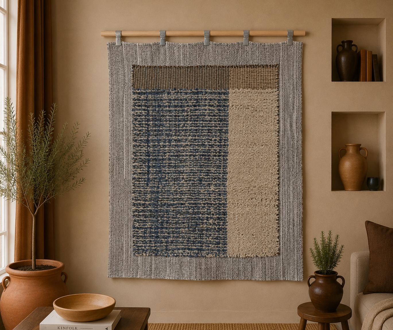 3x4 Vintage Turkish Blue Tapestry Rug, Handwoven Wool Wall Hanging, Minimalist Textile Art
