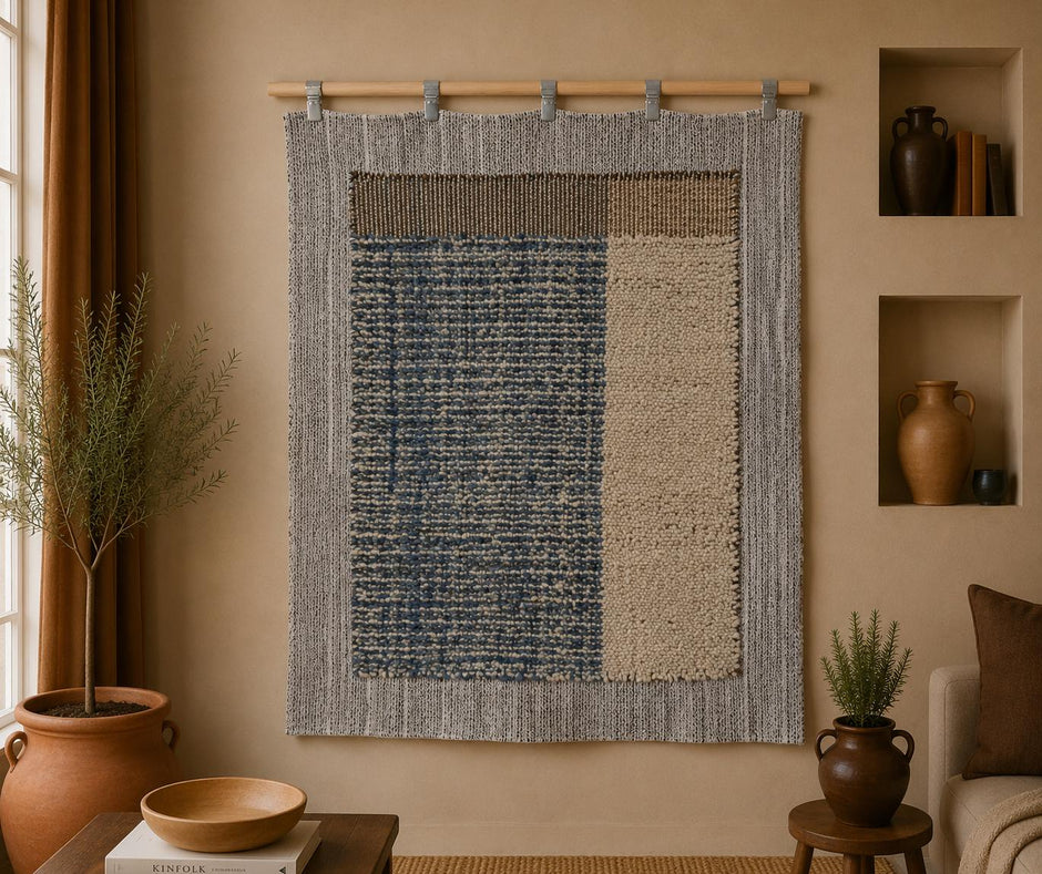 3x4 Vintage Turkish Blue Tapestry Rug, Handwoven Wool Wall Hanging, Minimalist Textile Art