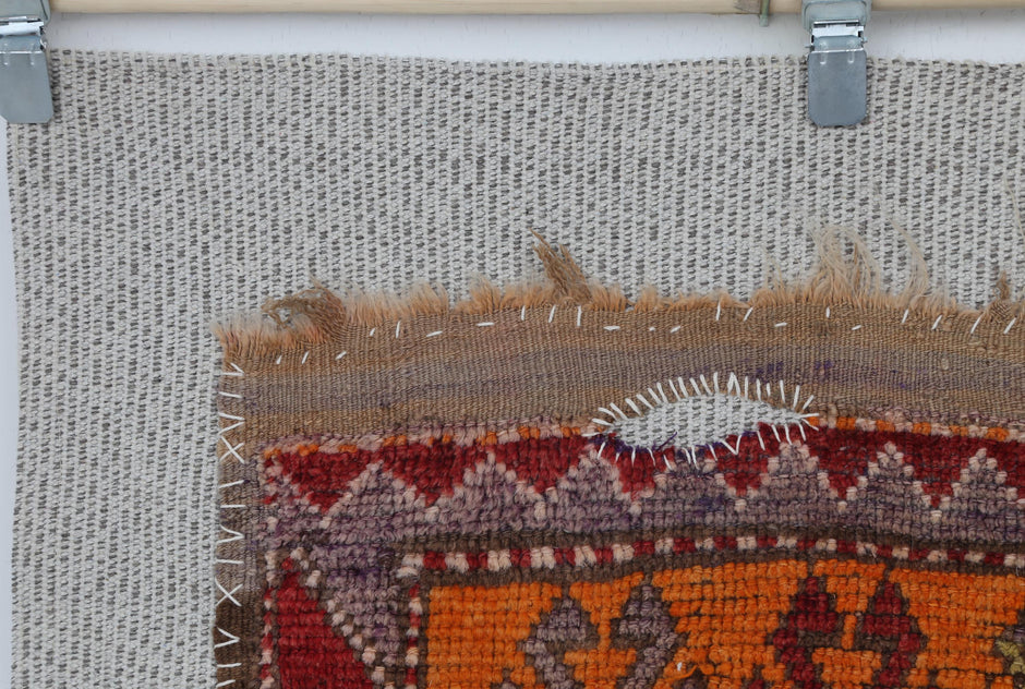 3x4 Vintage Turkish Tapestry Rug, Red Orange Tribal Wall Hanging, Handmade Wool Cotton Textile Art