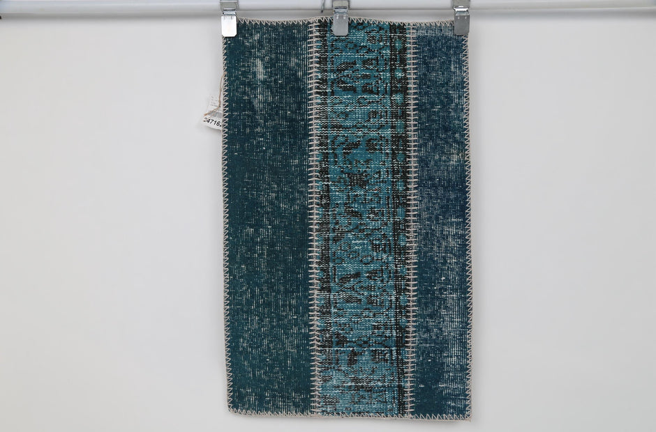 2x3 Vintage Turkish Patchwork Rug, Handmade Small Wool Cotton Accent Rug, Blue Patchwork Entryway Rug