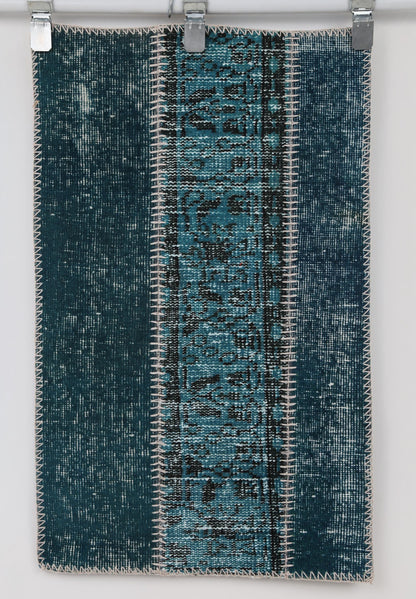 2x3 Vintage Turkish Patchwork Rug, Handmade Small Wool Cotton Accent Rug, Blue Patchwork Entryway Rug