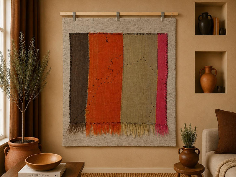 Vintage Turkish Tapestry Rug, Orange Olive Color Block Wall Hanging (3'3" x 4'2") - photo 1 of 8