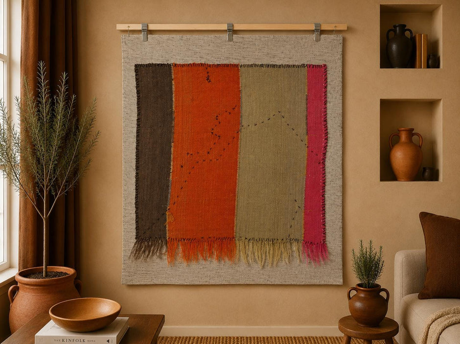 3x4 Vintage Turkish Color Block Tapestry Rug, Handwoven Wall Hanging, Multicolor Textile Fiber Art Decor