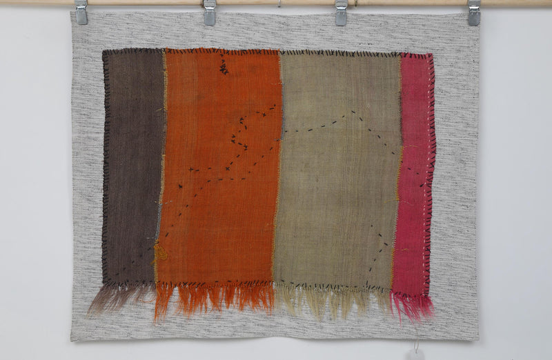Vintage Turkish Tapestry Rug, Orange Olive Color Block (3'3" x 4'2")