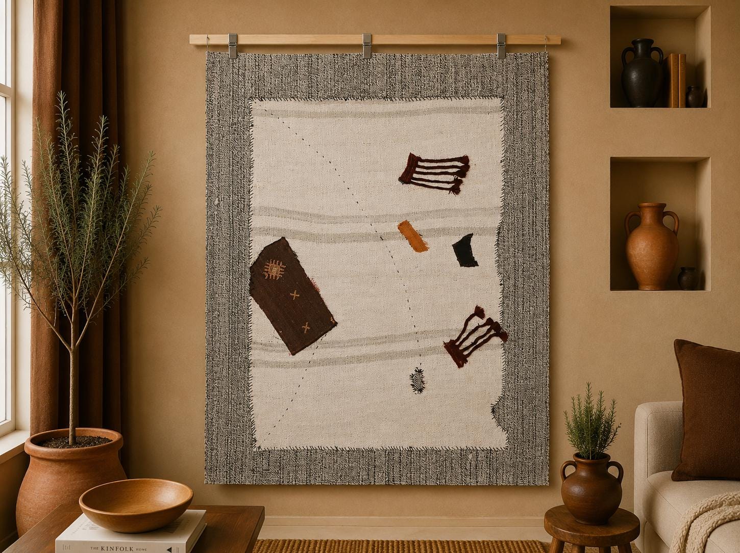 3x4 Vintage Turkish Minimalist Tapestry Rug, Handwoven Wool Hemp Wall Hanging, White Textile Fiber Art