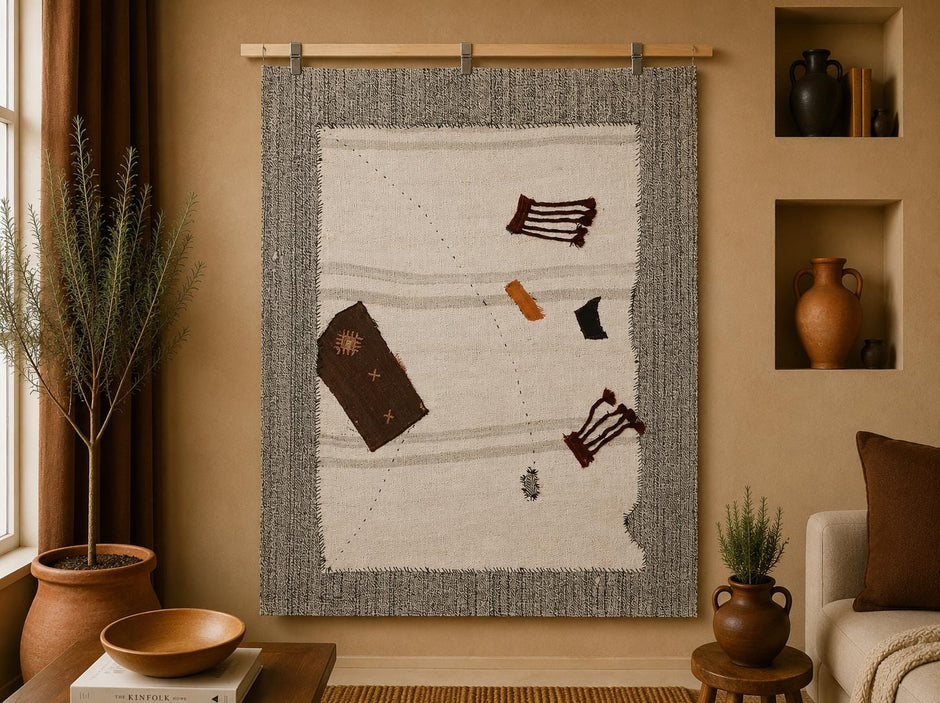 3x4 Vintage Turkish Minimalist Tapestry Rug, Handwoven Wool Hemp Wall Hanging, White Textile Fiber Art