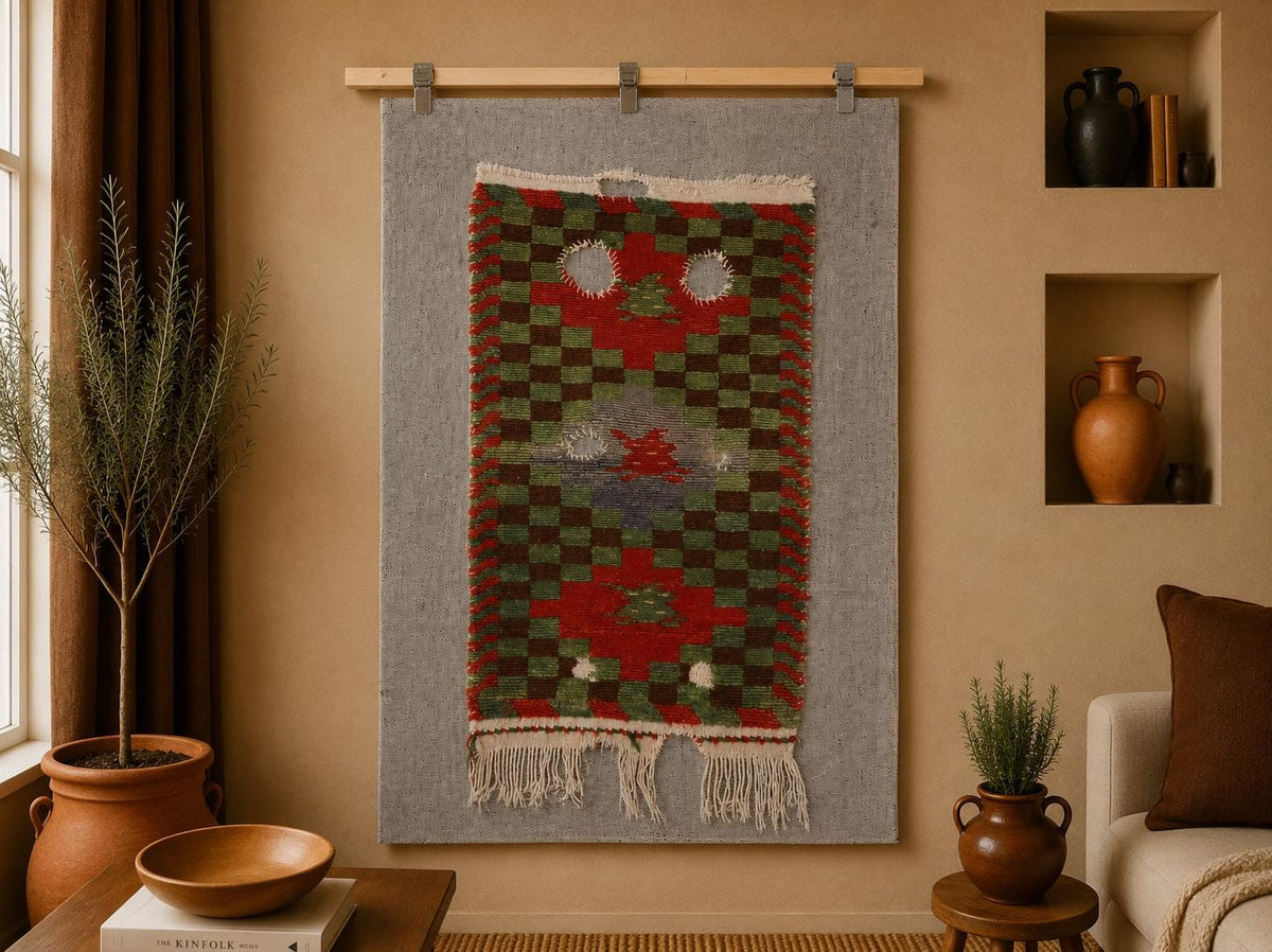 Vintage Turkish Tapestry Rug, Green Red Folk Wall Hanging (2'8" x 4'1") - photo 1 of 9