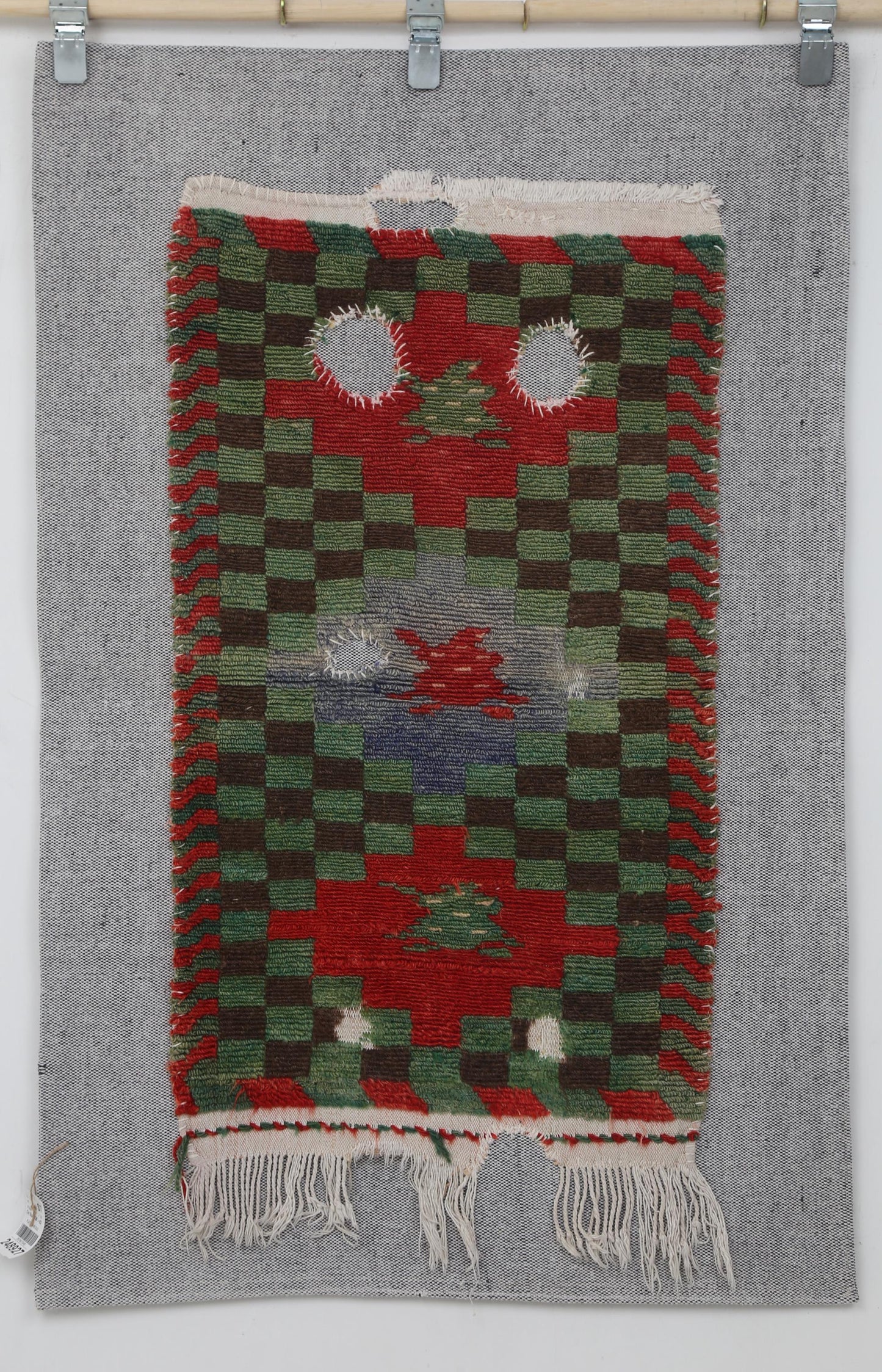 3x4 Vintage Turkish Tapestry Rug, Handmade Wool Wall Hanging, Green Red Tribal Textile Art