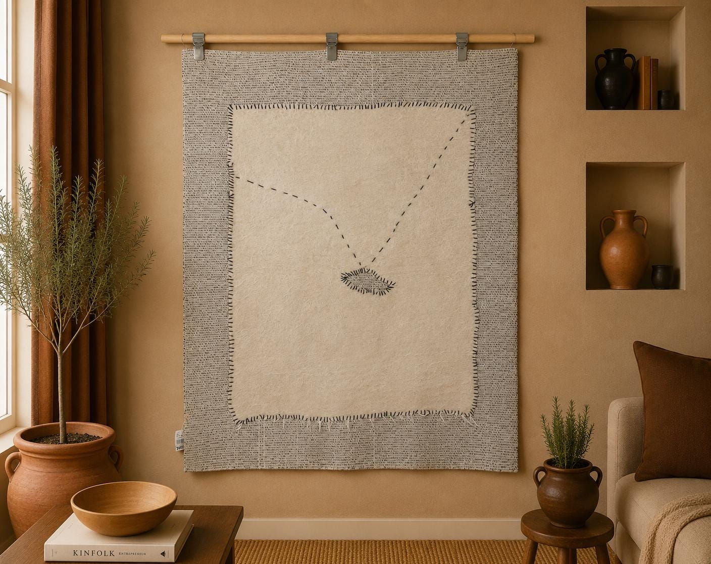 3x4 Minimalist Turkish Wool Tapestry Rug, Handmade Beige White Wall Hanging, Organic Fiber Textile Art