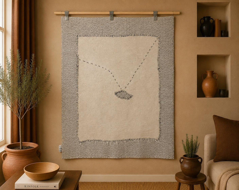 3x4 Minimalist Turkish Wool Tapestry Rug, Handmade Beige White Wall Hanging, Organic Fiber Textile Art