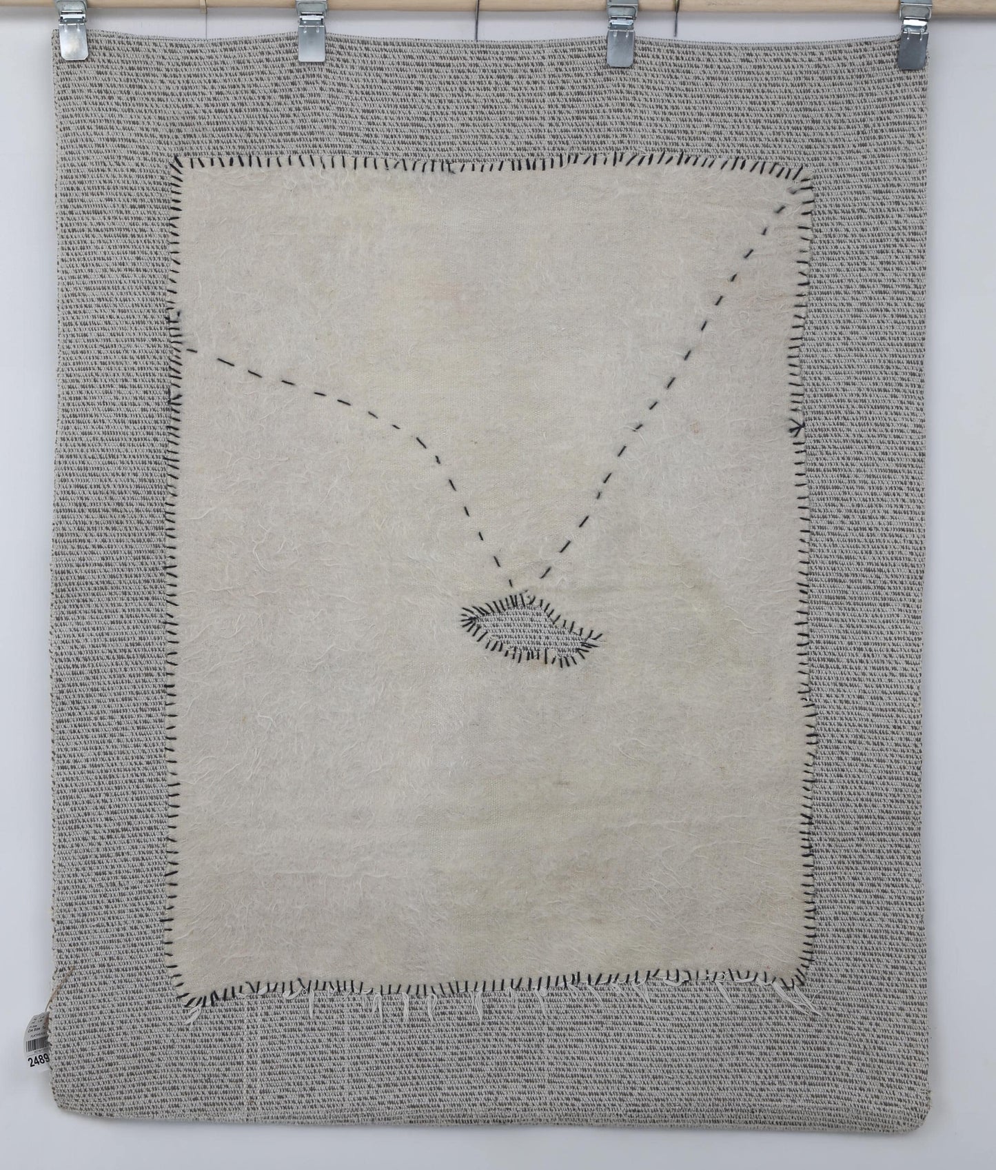 3x4 Minimalist Turkish Wool Tapestry Rug, Handmade Beige White Wall Hanging, Organic Fiber Textile Art