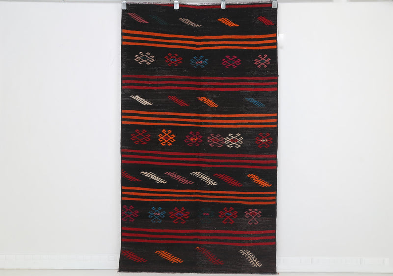 4x6 Vintage Turkish Kilim Tapestry, Black Tribal Woven Wall Hanging, Cotton Wool Textile Art, Boho Wall Decor