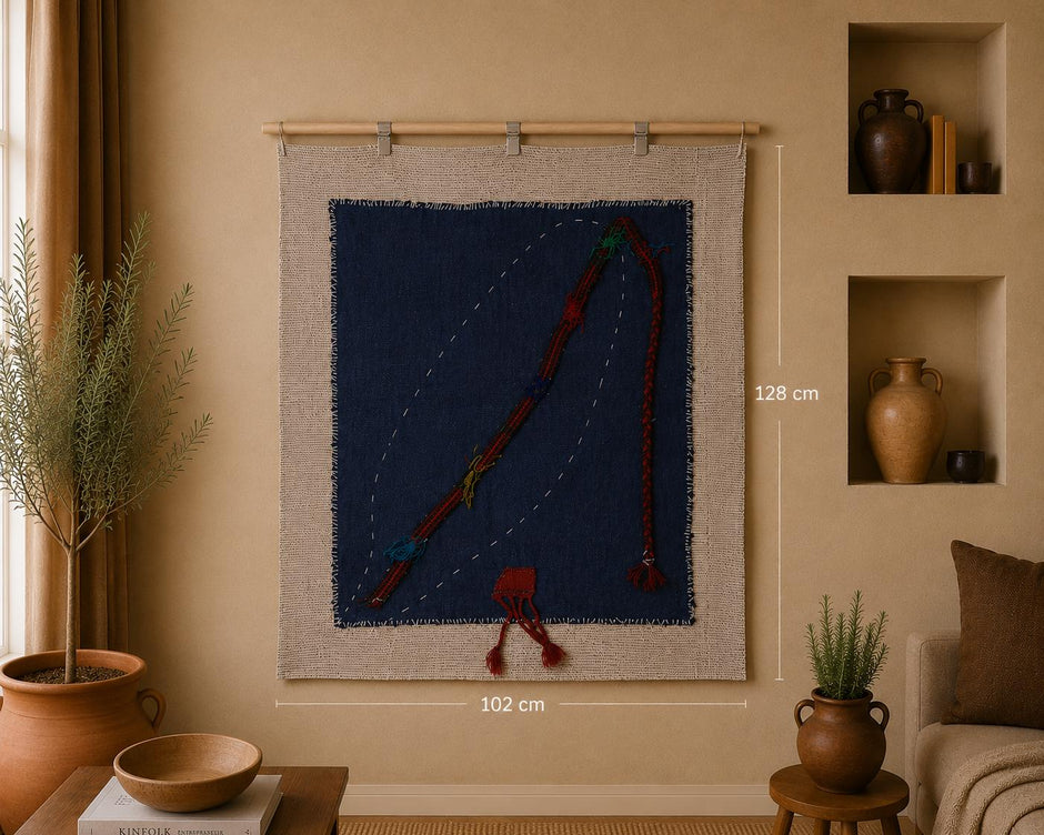 3x4 Vintage Turkish Blue Tapestry Rug, Minimalist Handwoven Textile Art, Wool Cotton Wall Hanging