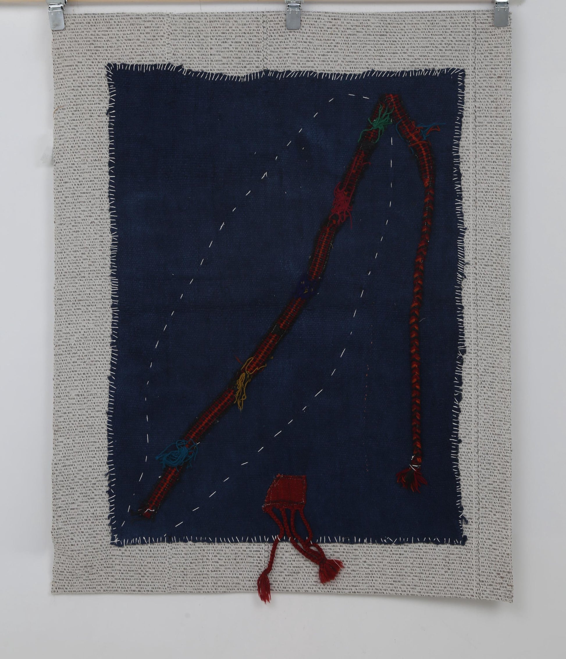 3x4 Vintage Turkish Blue Tapestry Rug, Minimalist Handwoven Textile Art, Wool Cotton Wall Hanging