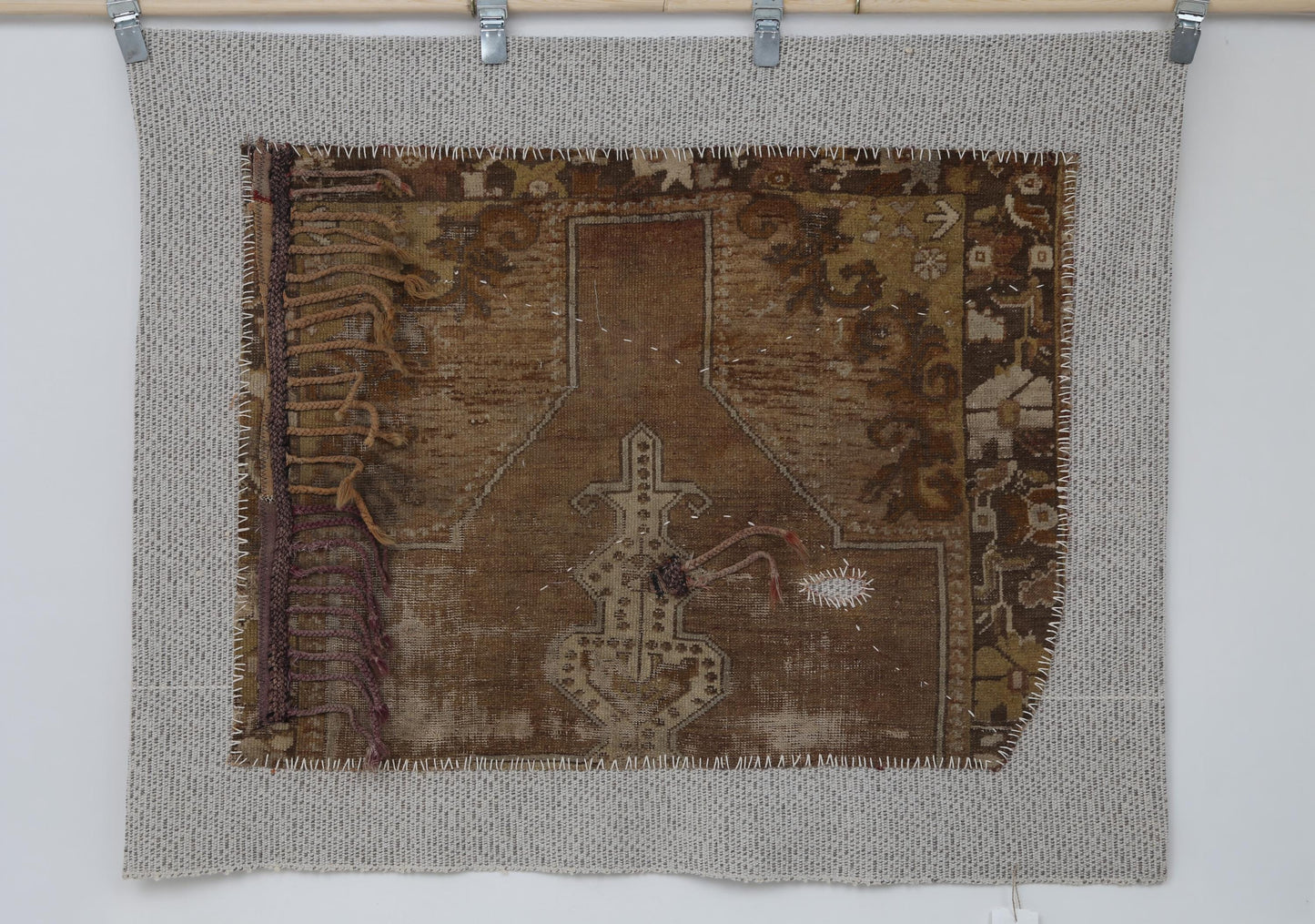 3x4 Vintage Turkish Brown Tapestry Rug, Tribal Handwoven Wool Cotton Textile, Rustic Wall Hanging