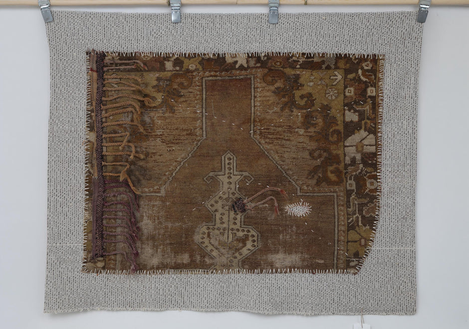 3x4 Vintage Turkish Brown Tapestry Rug, Tribal Handwoven Wool Cotton Textile, Rustic Wall Hanging