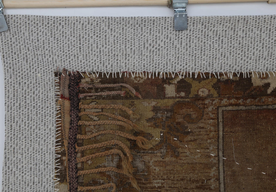 3x4 Vintage Turkish Brown Tapestry Rug, Tribal Handwoven Wool Cotton Textile, Rustic Wall Hanging