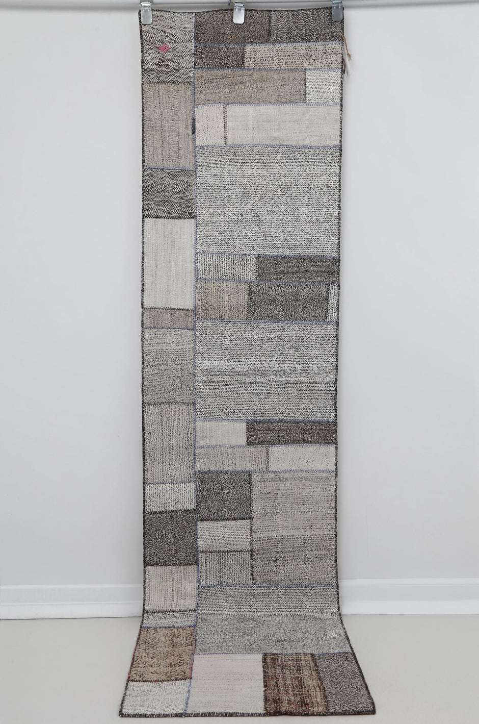 2x8 Vintage Turkish Flatweave Patchwork Runner Rug, Handmade Neutral Wool Hallway Rug, White Black Long Runner