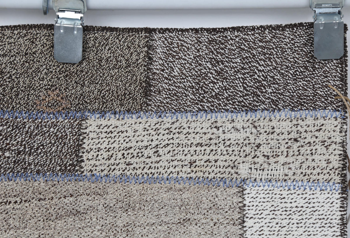 2x8 Vintage Turkish Flatweave Patchwork Runner Rug, Handmade Neutral Wool Hallway Rug, White Black Long Runner