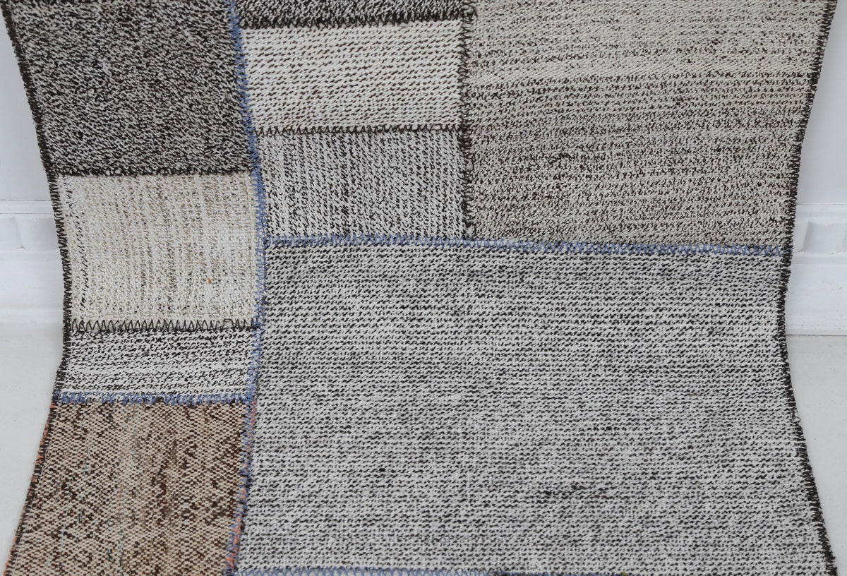 2x8 Vintage Turkish Flatweave Patchwork Runner Rug, Handmade Neutral Wool Hallway Rug, White Black Long Runner