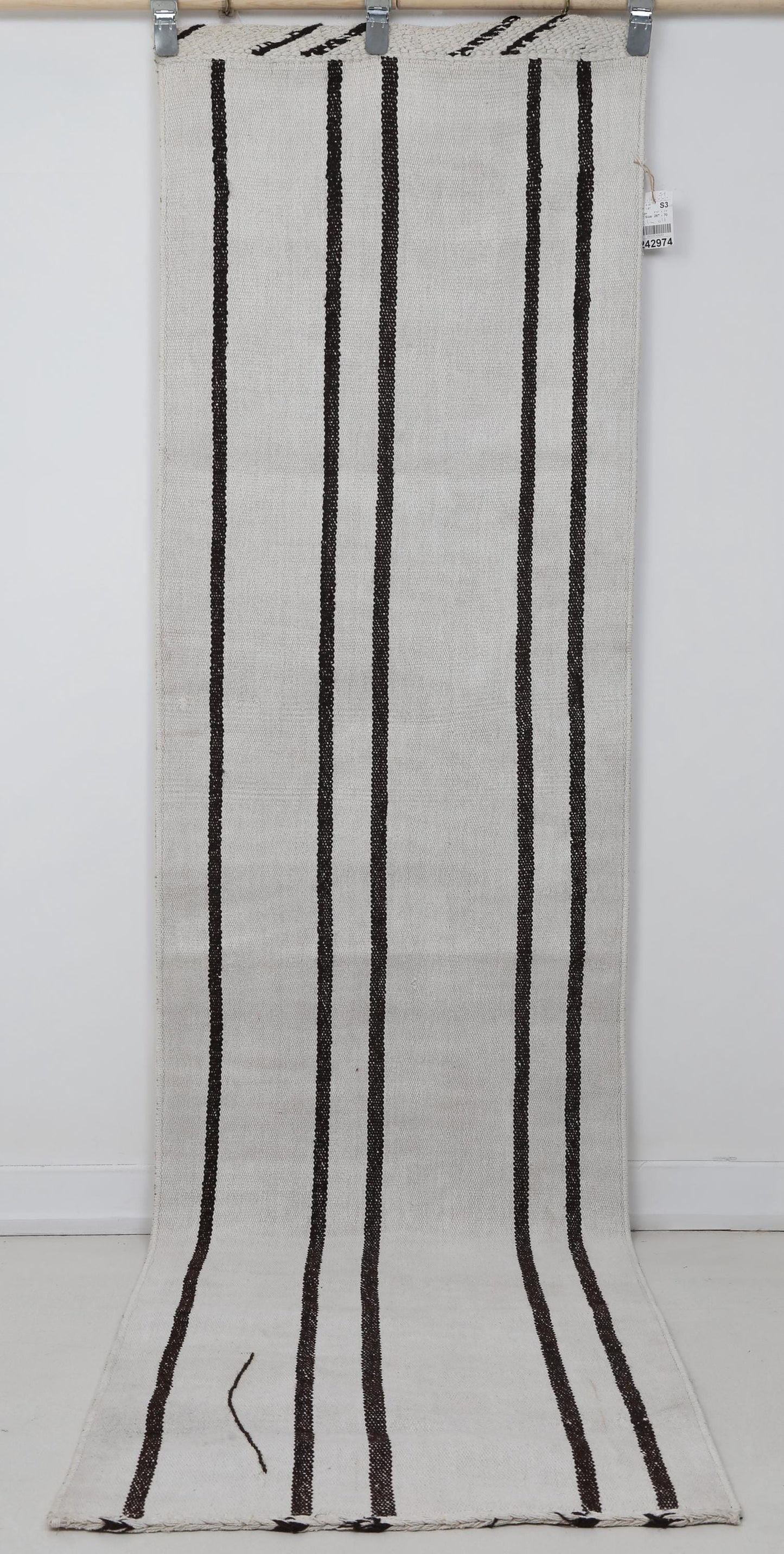 2x9 Vintage Turkish Hemp Runner Rug, Handmade White Black Striped Hallway Runner, Minimalist Wool Hemp Rug
