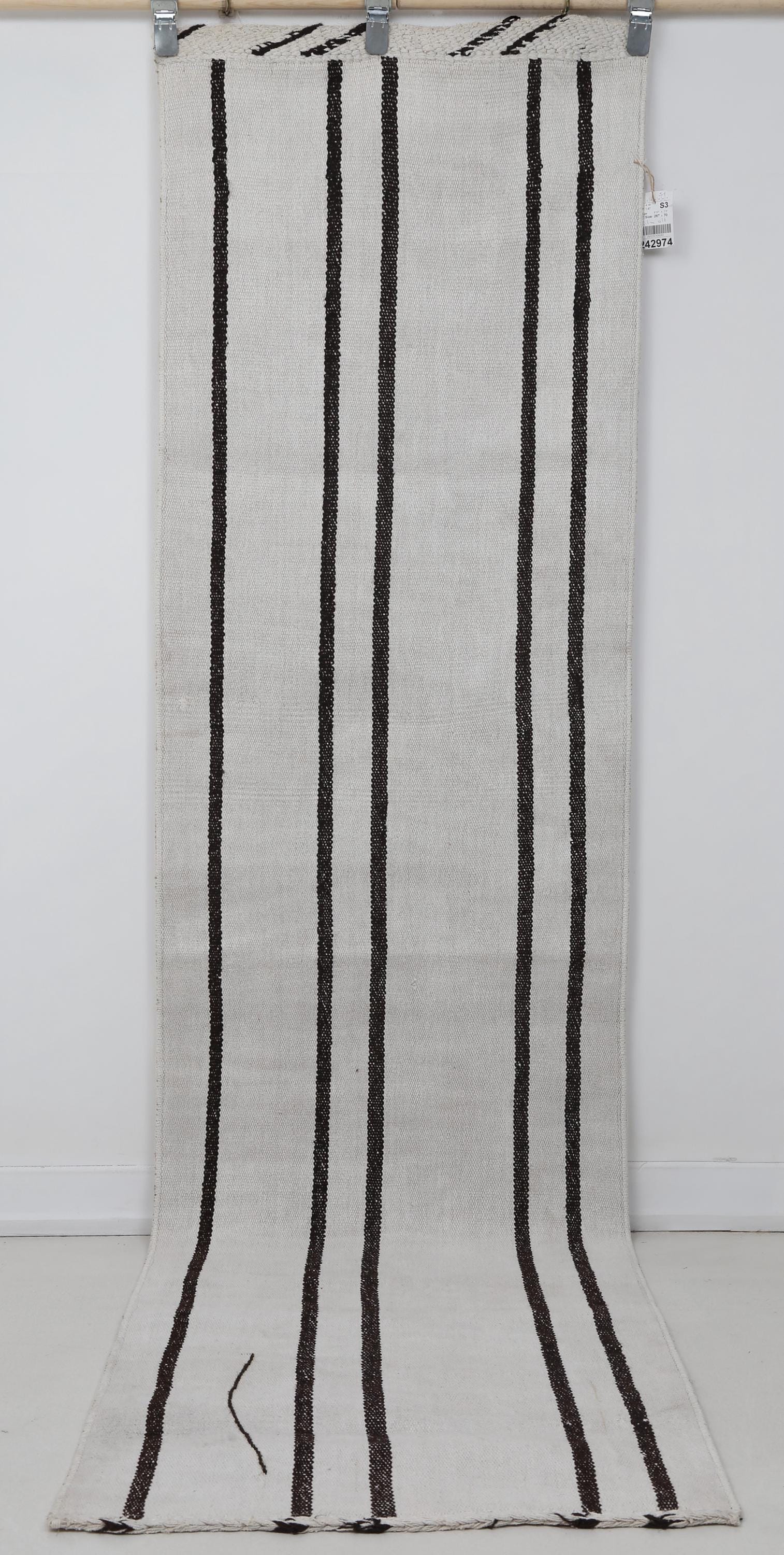 2x9 Vintage Turkish Hemp Runner Rug, Handmade White Black Striped Hallway Runner, Minimalist Wool Hemp Rug