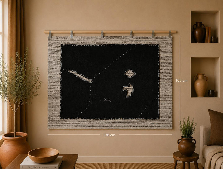 3x5 Vintage Turkish Black Tapestry Rug, Handwoven Wool Wall Hanging, Minimalist Abstract Textile Art