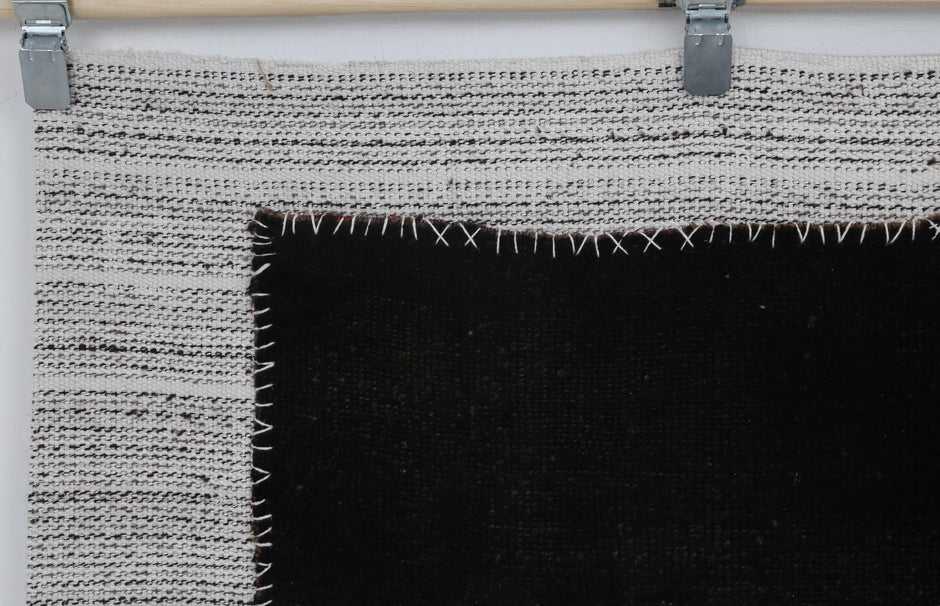 3x5 Vintage Turkish Black Tapestry Rug, Handwoven Wool Wall Hanging, Minimalist Abstract Textile Art