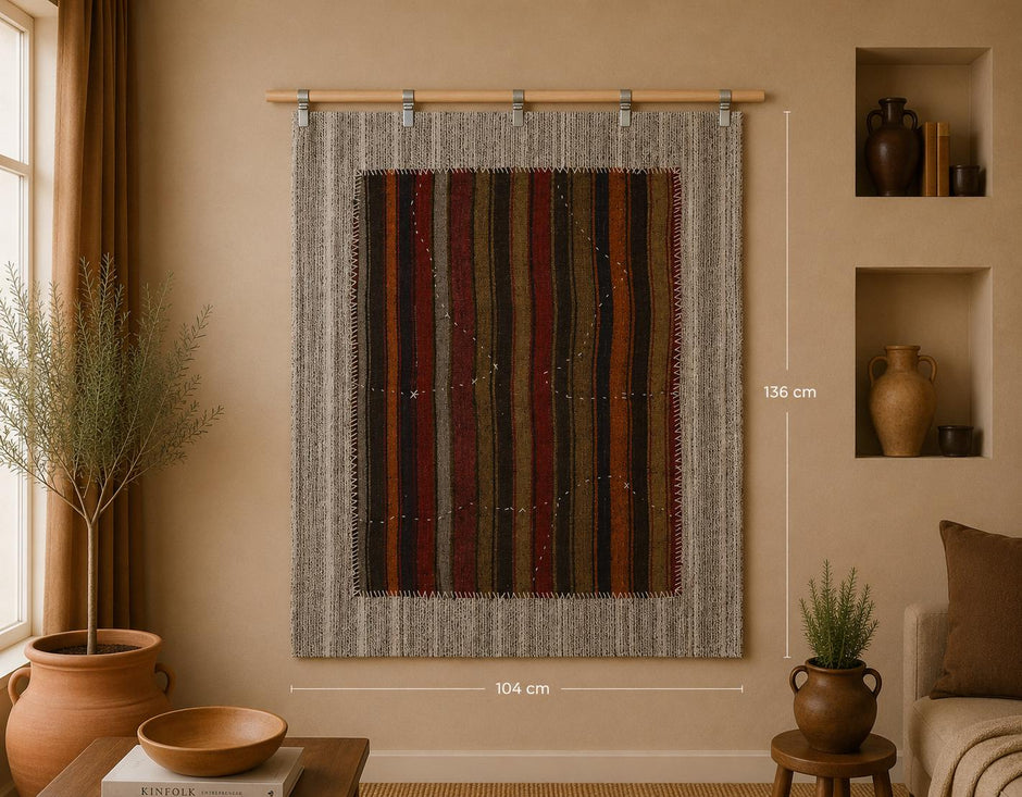3x4 Vintage Turkish Striped Tapestry Rug, Handwoven Wool Wall Hanging, Multicolor Tribal Textile Art