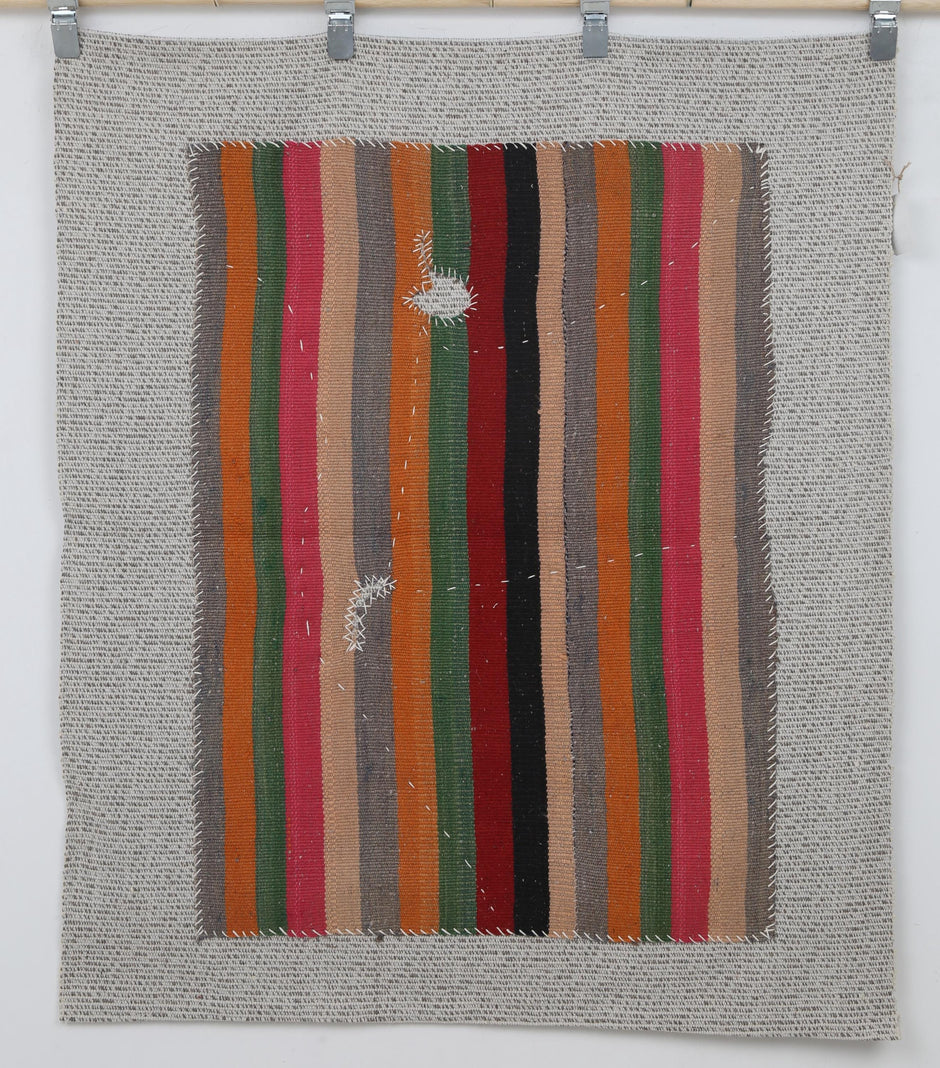 3x4 Vintage Turkish Striped Tapestry Rug, Handwoven Wool Wall Hanging, Multicolor Textile Art