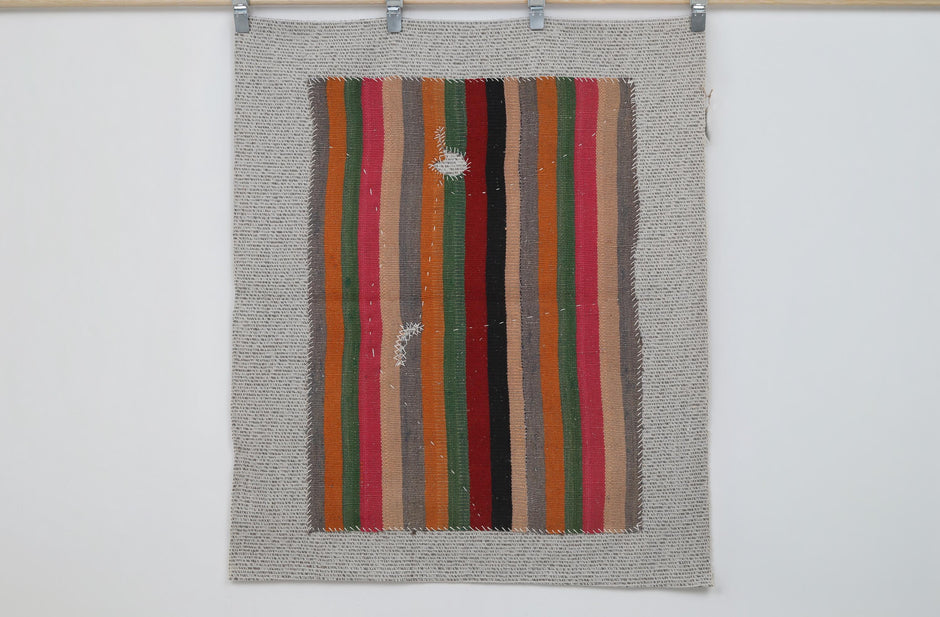 3x4 Vintage Turkish Striped Tapestry Rug, Handwoven Wool Wall Hanging, Multicolor Textile Art