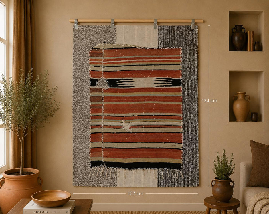 3x4 Vintage Turkish Striped Tapestry Rug, Handwoven Wool Wall Hanging, Multicolor Textile Art