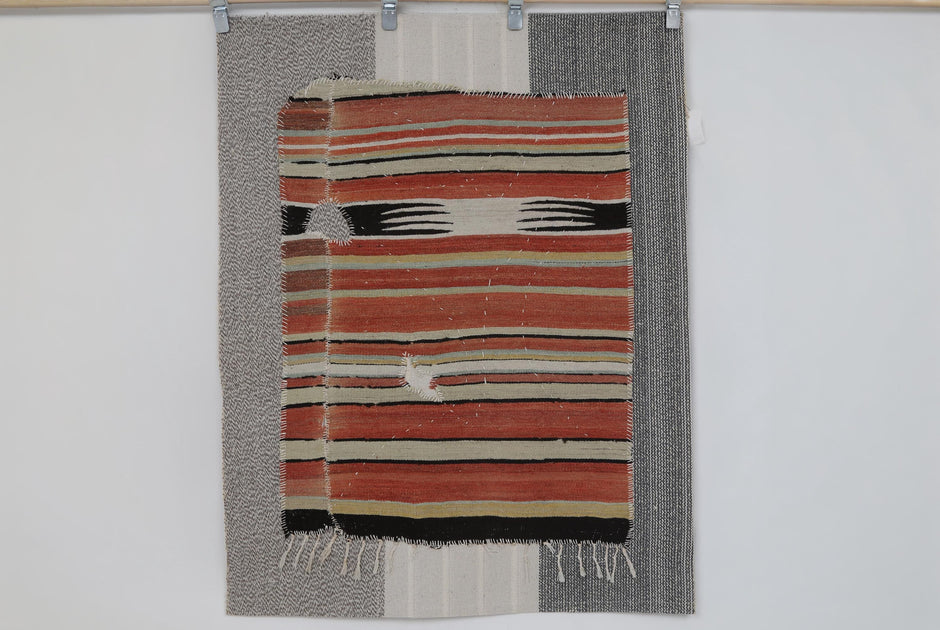 3x4 Vintage Turkish Striped Tapestry Rug, Handwoven Wool Wall Hanging, Multicolor Textile Art