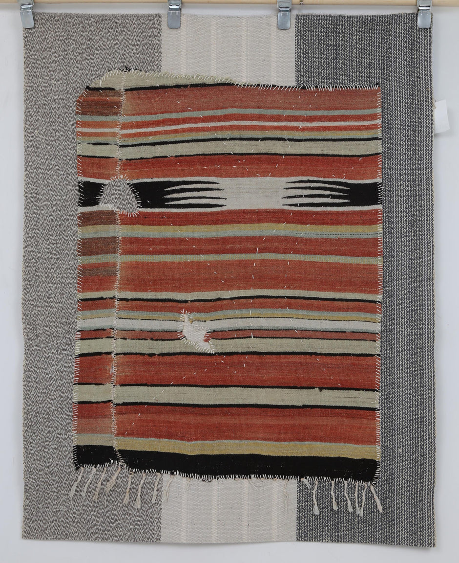 3x4 Vintage Turkish Striped Tapestry Rug, Handwoven Wool Wall Hanging, Multicolor Textile Art