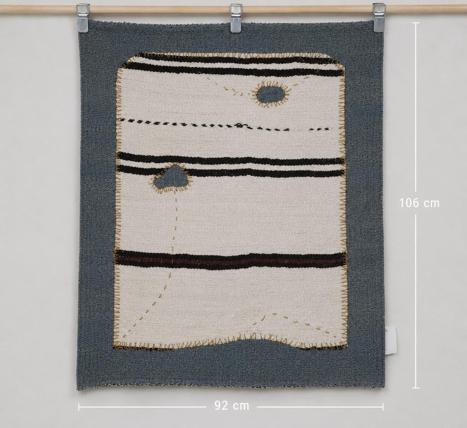 3x4 Vintage Hemp Tapestry Rug, Minimalist Turkish Wall Hanging, White Handmade Textile Art