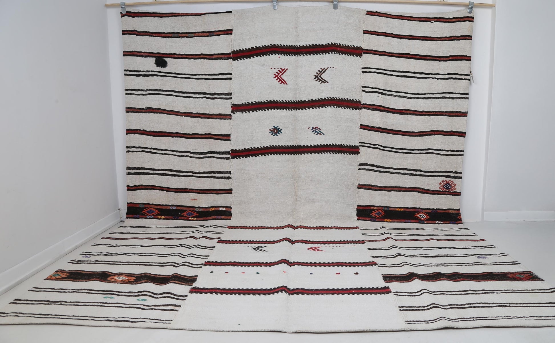 9x11 Vintage Turkish Hemp Rug, Handmade White Striped Flatweave Area Rug, Large Tribal Wool Hemp Carpet