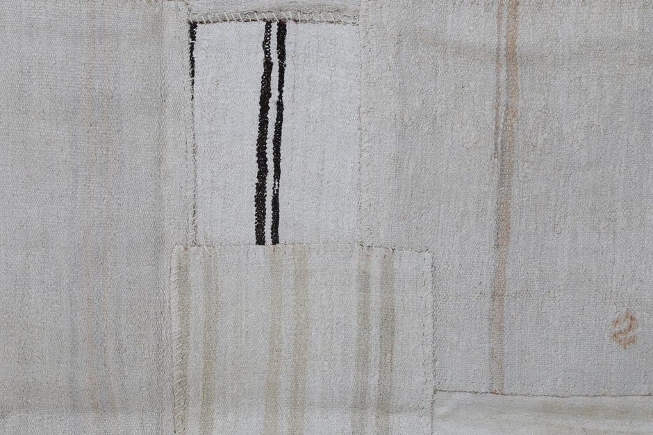 8x10 Vintage Turkish Hemp Patchwork Rug, Handmade Neutral White Beige Area Rug, Large Minimalist Hemp Carpet