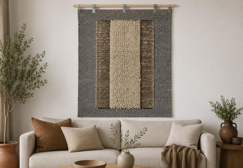Vintage Turkish Tapestry Rug, Beige Brown Color Block, Wool Wall Hanging (2'9" x 3'5") No. 248842-2