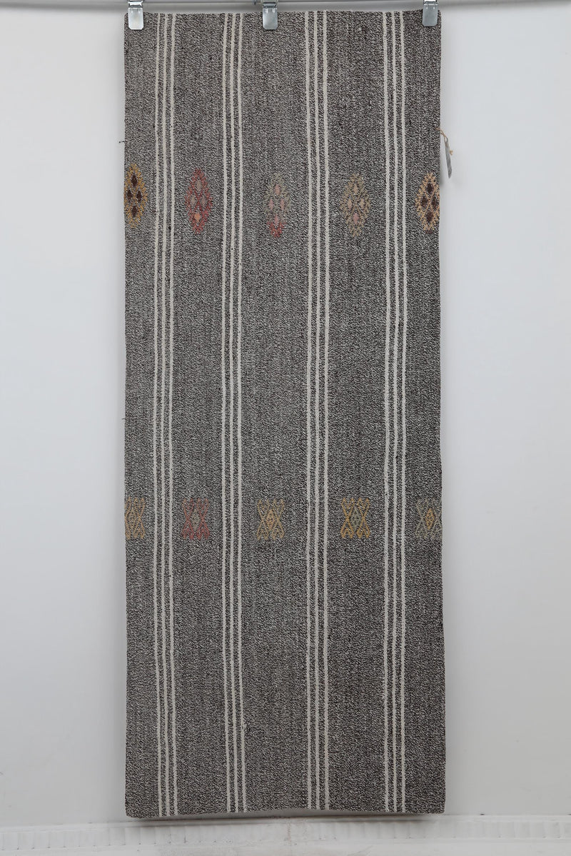 2x6 Vintage Turkish Flatweave Runner Rug, Handmade Wool Hallway Rug, Gray Striped Kilim Runner, Minimalist Entryway Carpet