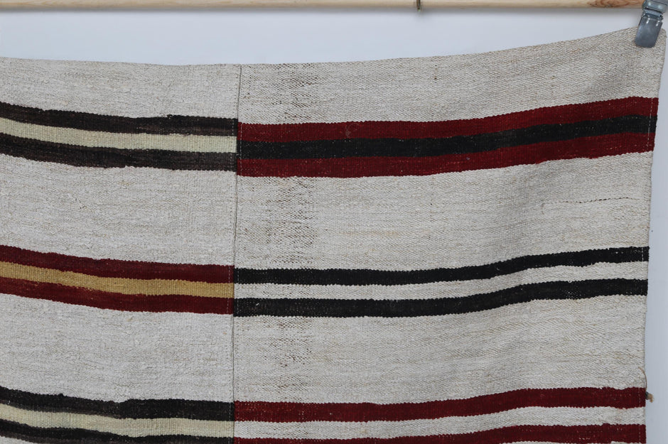 9x12 Vintage Turkish Hemp Rug, Handmade White Striped Flatweave Area Rug, Large Minimalist Wool Hemp Carpet