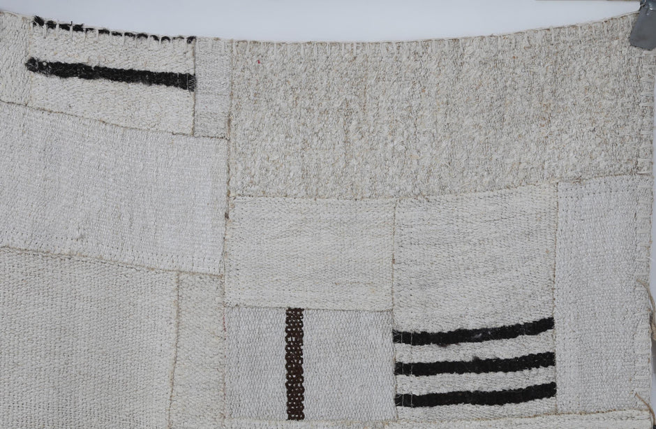 7x10 Vintage Turkish Hemp Patchwork Rug, Handmade White Black Area Rug, Large Minimalist Hemp Carpet