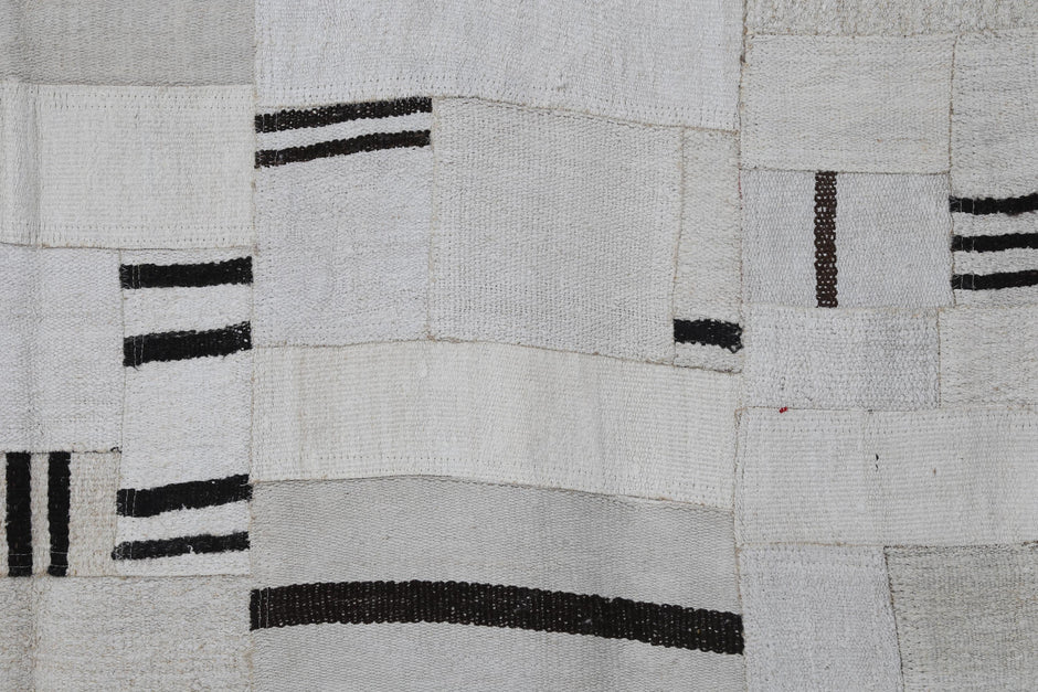 7x10 Vintage Turkish Hemp Patchwork Rug, Handmade White Black Area Rug, Large Minimalist Hemp Carpet